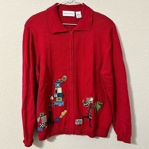 Alfred Dunner Sweater Red Embroidered Holiday Shoppers Red Zip Up Knit Christmas